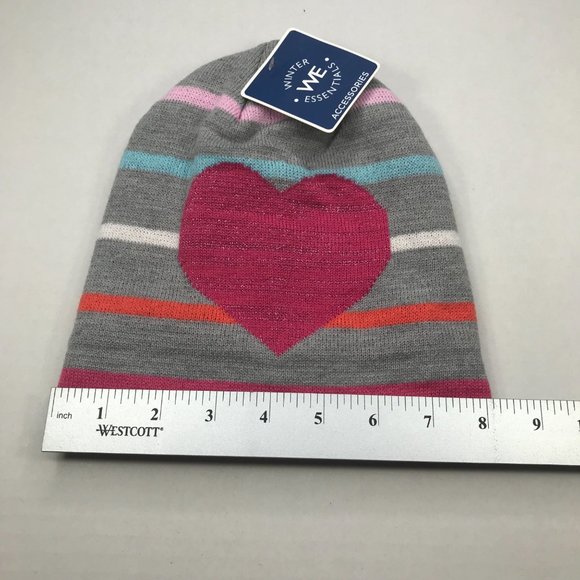 Winter Essentials Girls One Size Gray/Multicolor Stripe with Heart Knit Beanie - Picture 6 of 7